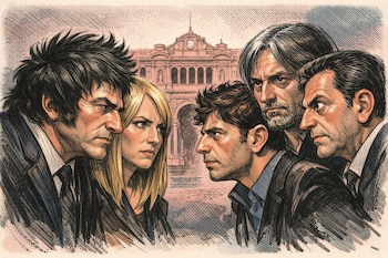 Caricatura de Javier Milei, Karina Milei, Axel Kicillof, Maximo Kirchner, Sergio Massa y la Casa Rosada de fondo, con textura de rayado y puntillismo.