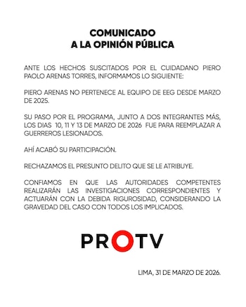 ‘Esto es Guerra’ emite comunicado y descarta que Piero Arenas trabaje actualmente en dicho reality. IG