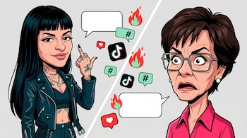 Ilustración con Cazzu (izquierda) de cabello oscuro y tatuajes, y Pati Chapoy (derecha) con lentes y expresión sorprendida. Iconos de TikTok y llamas.