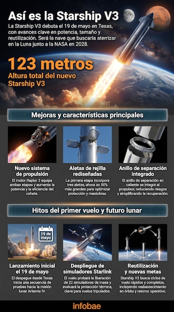 Infografía de Starship V3 mostrando el cohete despegando de la Tierra hacia la Luna y Marte, con secciones que detallan sus mejoras de ingeniería y objetivos futuros.