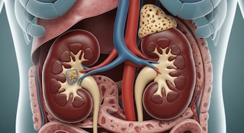 Ilustração médica de dois rins, glândulas supra-renais e principais artérias do corpo. O rim esquerdo tem um tumor interno.