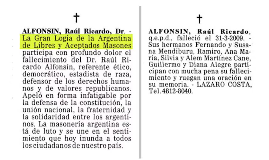 El aviso fúnebre de la Gran Logia Argentina tras la muerte de Alfonsín, en 2009