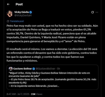 Vicky Dávila le contestó al también candidato presidencial Gustavo Bolívar - crédito @VickyDavilaH