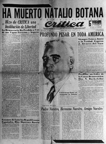 La edición de Crítica que anunció la muerte de Natalio Botana, tras una tragedia vial en 1941.