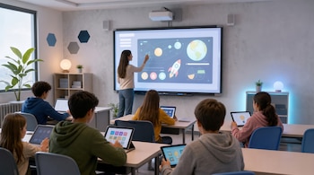 Una profesora junto a una pantalla interactiva de gran formato en un aula donde varios estudiantes consultan tabletas sobre sus mesas.