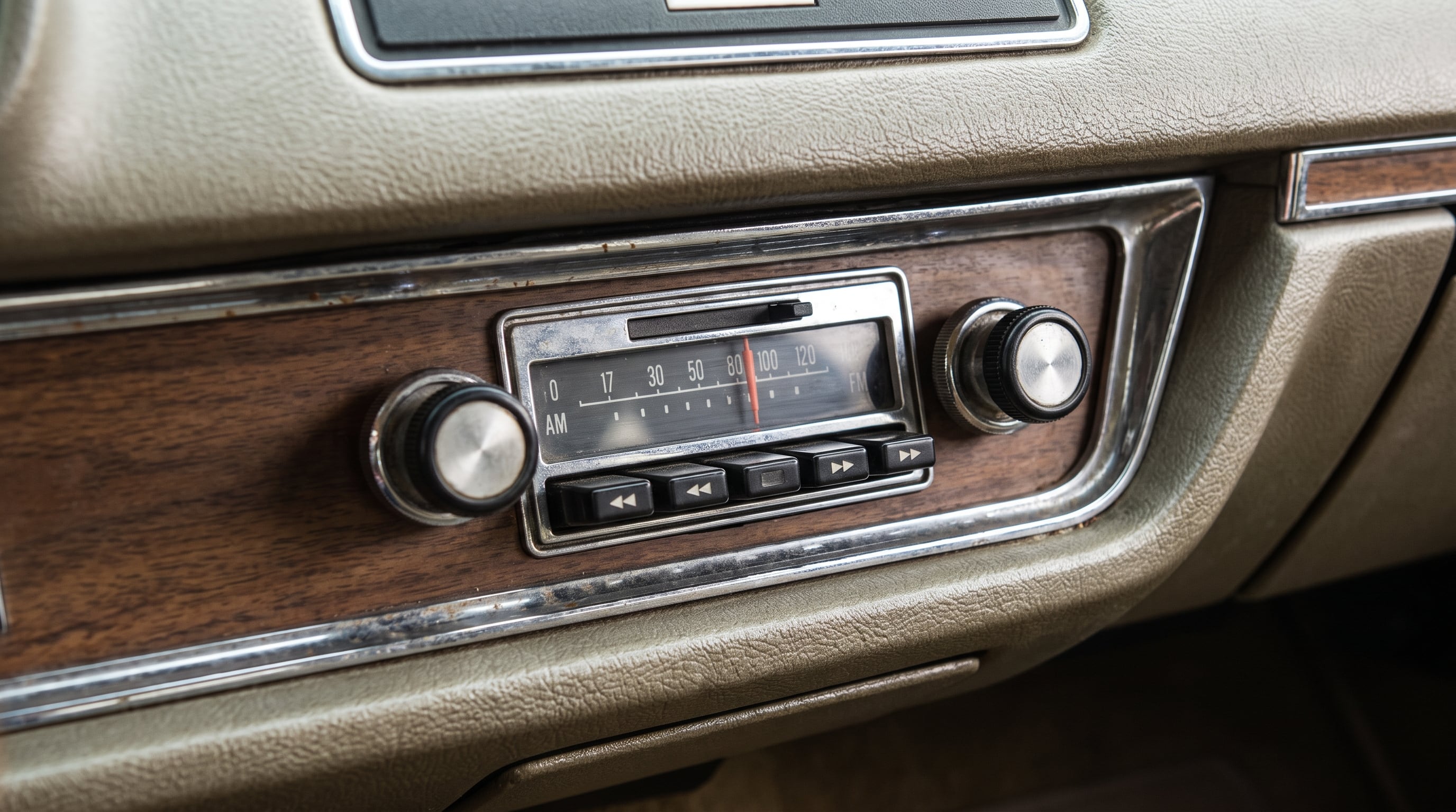 El panel frontal del salpicadero de un vehículo integra una radio analógica con sintonizador de aguja, perillas giratorias y acabados en madera. (Imagen Ilustrativa Infobae)
