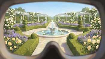 Marco de visor que encuadra un jardín con fuente de agua, nenúfares, flores amarillas y violetas, setos verdes y pérgolas blancas.