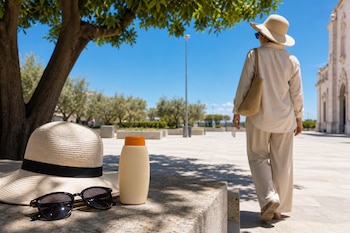 Un sombrero de paja, unas gafas de sol y un envase de crema sobre un banco de piedra frente a una persona de espaldas en una plaza con árboles.