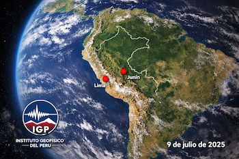 Mapa de Perú con dos puntos rojos sobre Lima y Junín. Incluye el logo del Instituto Geofísico del Perú y la fecha 9 de julio de 2025.