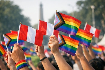 Manos sostienen varias banderas de Perú y banderas LGBTIQ+ con diseño progresista. Una muñequera arcoíris en un brazo. Fondo desenfocado con árboles y una torre.