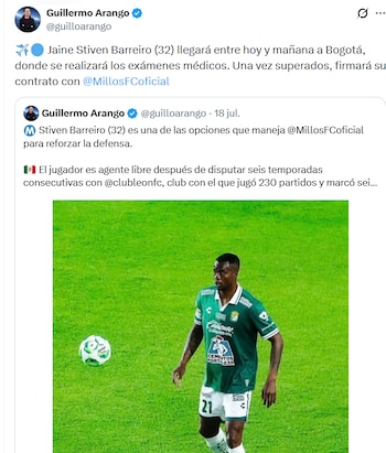 Post de Guillermo Arango sobre las negociaciones entre Stiven Barreiro y Millonarios FC - crédito X
