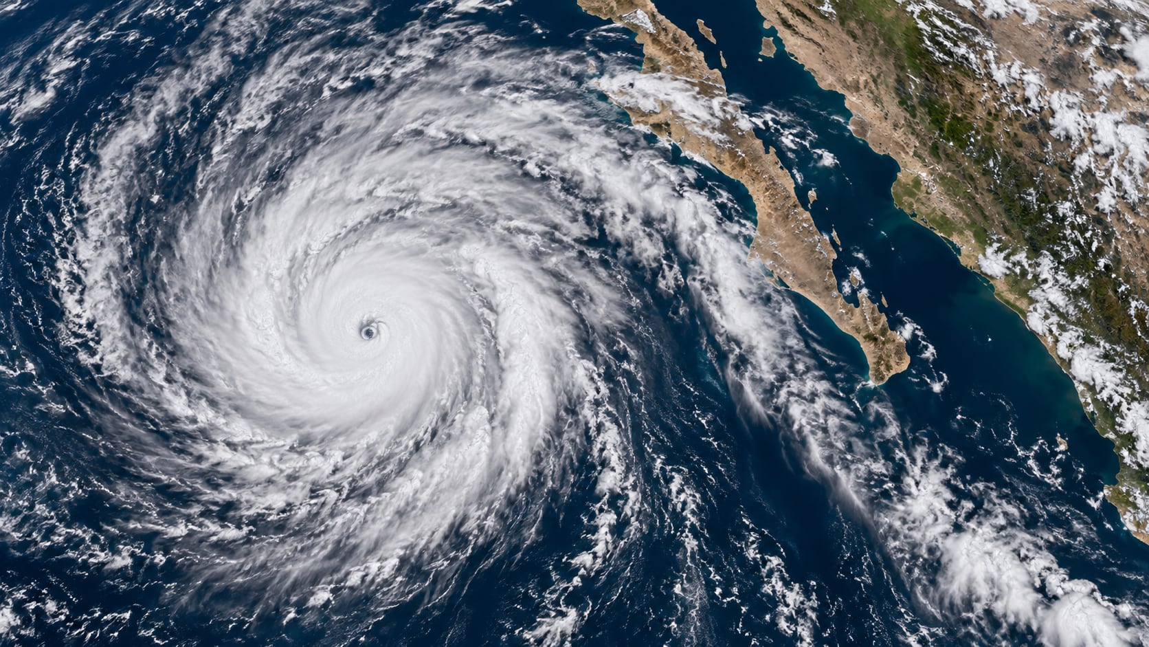 Un ciclón tropical de gran extensión se desplaza sobre el océano Pacífico cerca de la costa de la península de Baja California en México.