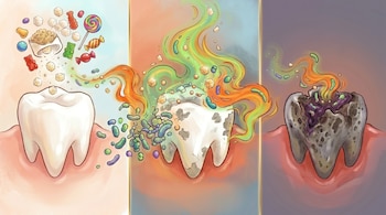 Ilustración en tres paneles que muestra la progresión de la caries dental: un diente sano, uno con daño por azúcar y bacterias, y uno severamente cariado y encías inflamadas.