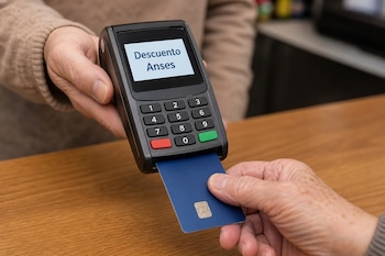 Una mano inserta una tarjeta de débito con chip en un terminal de pago con pantalla que exhibe el texto Descuento Anses.