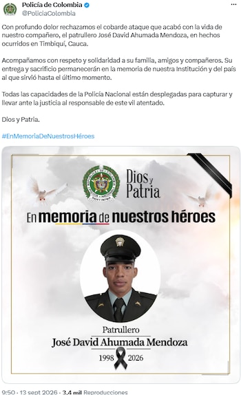 Ataque contra una estación de Policía en Timbiquí dejó muerto al patrullero José David Ahumada - crédito @PoliciaColombia/X