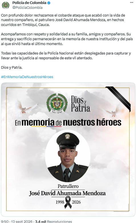 Ataque contra una estación de Policía en Timbiquí dejó muerto al patrullero José David Ahumada - crédito @PoliciaColombia/X
