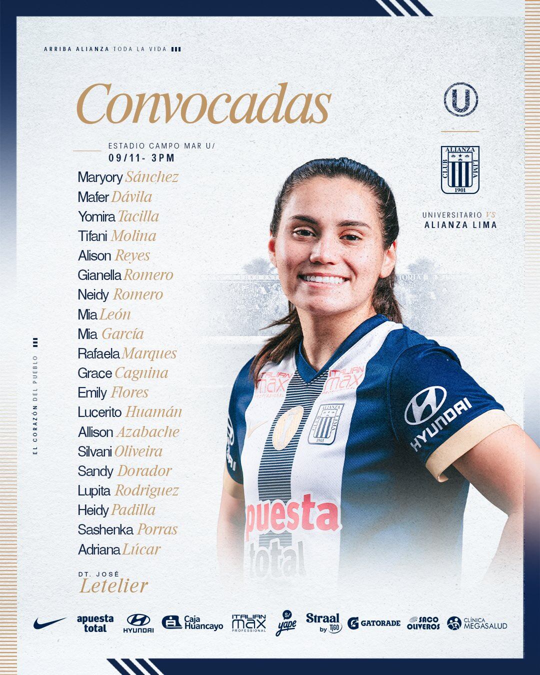 Las 20 jugadoras convocadas por el DT José Letelier para la final ida de la Liga Femenina FPF contra Universitario. - créditos: Alianza Lima