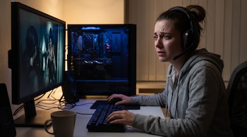 Joven con audífonos en un escritorio, frente a dos monitores de computadora. Su rostro muestra miedo y tristeza, con lágrimas. Manos en teclado y ratón. Una taza en la mesa.