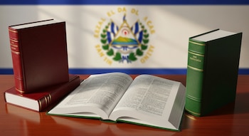 Tres libros sobre un escritorio de madera. Dos están cerrados (granate y verde), y uno abierto con texto. Al fondo, la bandera de El Salvador difuminada.