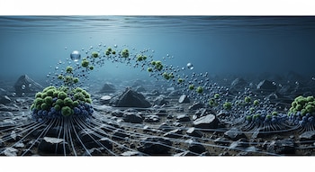 Lecho de lago rocoso con formaciones de moléculas verdes y azules unidas por líneas, burbujas transparentes, y superficie de agua azul clara.