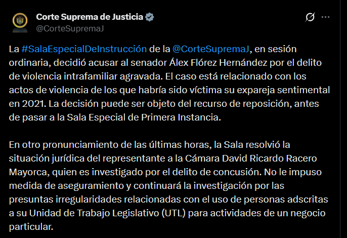 La investigación de la Corte Suprema por violencia intrafamiliar contra Álex Flórez se apoya en presuntas agresiones verbales y físicas ocurridas entre 2020 y 2021 en Medellín - crédito @CorteSupremaJ/X