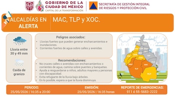 Infografía del Gobierno de la Ciudad de México con alerta por lluvia y granizo; muestra un mapa de la CDMX con alcaldías MAC, TLP y XOC destacadas, símbolos de lluvia, texto con peligros y recomendaciones
