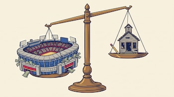 Balanza con un estadio de fútbol y billetes en el plato inferior, y una pequeña escuela de madera con un lápiz en el plato elevado.