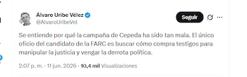 El expresidente Álvaro Uribe Vélez señaló a Iván Cepeda de comprar testigos - crédito @AlvaroUribeVel/X