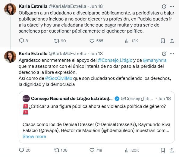 Declaraciones de Karla Estrella en X , previo a ser multada. Foto: x.com/@KarlaMaEstrella