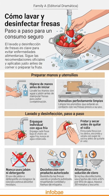 Infografía gráfica con ilustraciones sobre los pasos para lavar, escurrir y desinfectar fresas en la cocina.