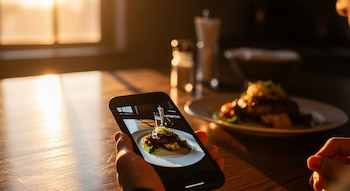 Mano sosteniendo teléfono móvil con foto de plato de comida. En mesa de madera, plato servido, saleros y pimenteros. Luz de atardecer por ventana.