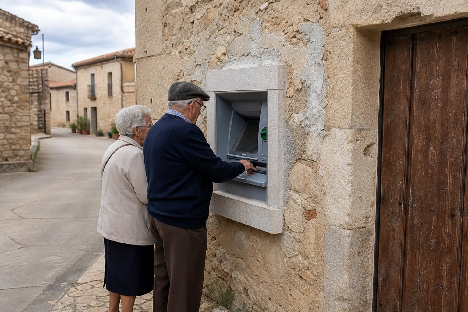 Una pareja de jubilados saca dinero de un cajero automático instalado en la fachada de piedra de un inmueble en un pueblo de la España rural. (Imagen Ilustrativa Infobae)