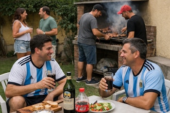 Grupo de amigos en un patio trasero disfrutando de un asado. Dos hombres con camisetas de Argentina beben fernet mientras otros preparan carne en la parrilla.