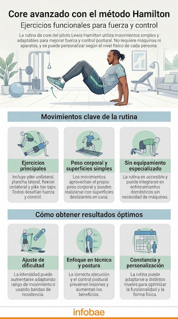 Infografía sobre la rutina de core avanzada de Lewis Hamilton, mostrando ejercicios como pike y plancha lateral, superficies deslizantes y bandas de resistencia.