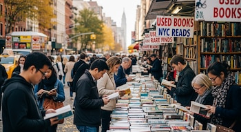Múltiples personas de diversas edades buscan libros en mesas y estanterías de librerías al aire libre en una concurrida calle de Nueva York.