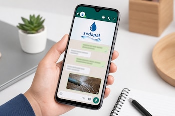 Una mano sostiene un teléfono inteligente que muestra un chat de WhatsApp de Sedapal con una fotografía de una tubería que pierde agua.