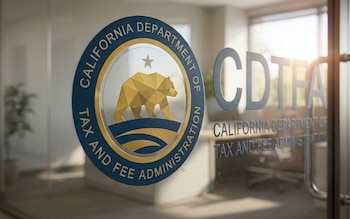 Logo circular azul y dorado del CDTFA con un oso poligonal y una estrella, junto a las letras CDTFA y el nombre completo de la agencia en una puerta de cristal