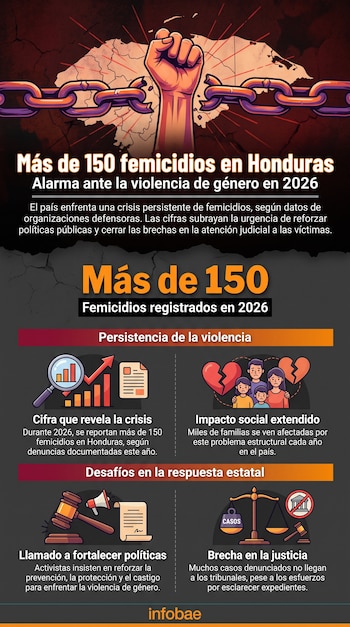 Infografía. Mapa de Honduras, puño levantado rompiendo cadenas. Gráficos, familia, mazo de juez, megáfono, balanza de justicia. Texto sobre femicidios y datos.