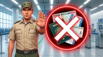 Oficial de inmigración mexicano en uniforme levanta la mano en señal de alto. Un círculo rojo con una "X" blanca cubre una visa y documentos de viaje.