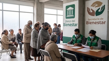 Grupo de personas adultas mayores y personal con chalecos verdes en fila para registro social. Logos de Banco del Bienestar y Secretaría de Bienestar en carteles.