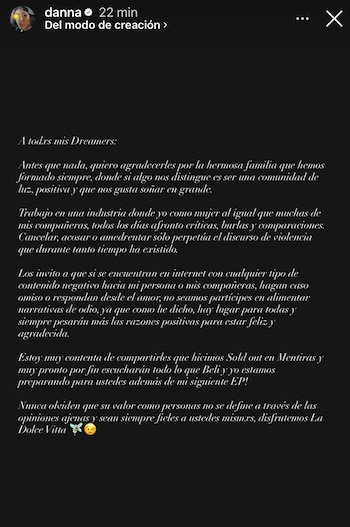 Comunicado de Danna en redes sociales sobre la polémica de Kenia Os y Belinda (Instagram/@danna)