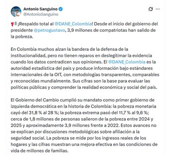 Antonio Sanguino, ministro del Trabajo, dijo que respalda las cifras del Dane - crédito @AntonioSanguino/X