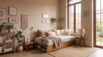 Un sofácama de madera con cojines en tonos claros, plantas de interior, cuadros, un adorno de macramé y una ventana de madera.