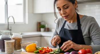 Mujer latina de mediana edad con delantal negro cortando calabacín en una tabla de madera con pimientos, tomates y cebollas en una cocina.