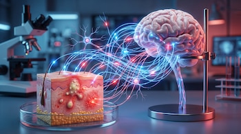 Modelo de cerebro humano, sección de piel con acné y eccema, neuronas, fibras nerviosas luminosas, microscopio y material de laboratorio.