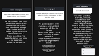 Tres recuadros de texto sobre fondo oscuro. Incluyen preguntas como '¿Edad difícil para encontrar hombre?', '¿Por qué no sufrís por amor?', y '¿Cómo te definirías?', con sus respuestas