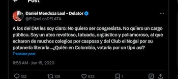 Esto escribió el 15 de enero del 2020 el ahora posible embajador de Colombia ante Tailandia - crédito @ElQueLosDELATA/x
