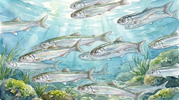 Ilustración de acuarela de un cardumen de peces plateados nadando bajo el agua, con rayos de luz que atraviesan la superficie, rocas y plantas acuáticas.