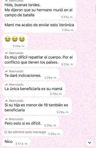 Captura del mensaje enviado el 17 de julio de 2024 a la hermana del padre de Nicole por la intermediaria Verónica García, en el que afirmaba falsamente que John Jairo Sepulveda había fallecido en combate.