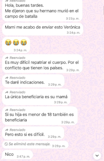 Captura del mensaje enviado el 17 de julio de 2024 a la hermana del padre de Nicole por la intermediaria Verónica García, en el que afirmaba falsamente que John Jairo Sepulveda había fallecido en combate.